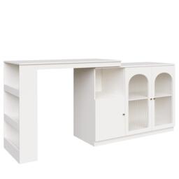 360° Rotating Kitchen Bar Table with Glass Doors, Metal Handles, Multifunctional Cabinet with Open Shelves, 120L x 120W x 97H cm, White - Aosom.UK - thumbnail 2