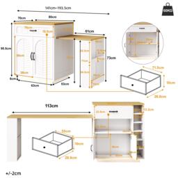 Extendable Kitchen Island with Built-In Wine Rack, Multifunctional Storage Cabinet with Dining Table, 141-193.5L x 70W x 101.5H cm, White - Aosom UK - thumbnail 3