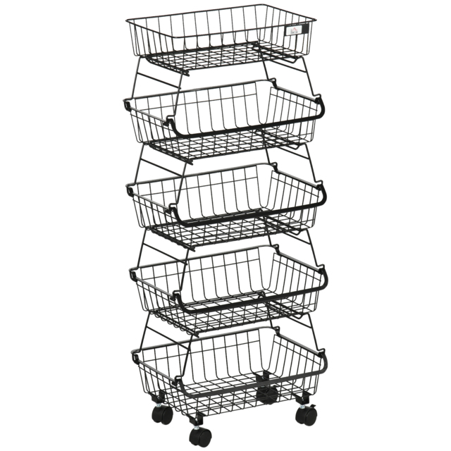 HOMCOM 5 Tier Storage Trolley, Stackable Fruit Vegetable Cart for Kitchen, Living Room, 40 x 2 x 97 cm, Black - image 1