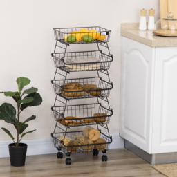 HOMCOM 5 Tier Storage Trolley, Stackable Fruit Vegetable Cart for Kitchen, Living Room, 40 x 2 x 97 cm, Black - thumbnail 2