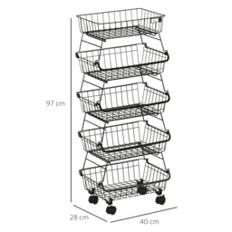 HOMCOM 5 Tier Storage Trolley, Stackable Fruit Vegetable Cart for Kitchen, Living Room, 40 x 2 x 97 cm, Black - thumbnail 3