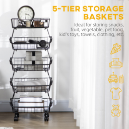 HOMCOM 5 Tier Storage Trolley, Stackable Fruit Vegetable Cart for Kitchen, Living Room, 40 x 2 x 97 cm, Black - thumbnail 4