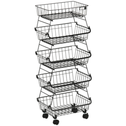 HOMCOM 5 Tier Storage Trolley, Stackable Fruit Vegetable Cart for Kitchen, Living Room, 40 x 2 x 97 cm, Black - thumbnail 1