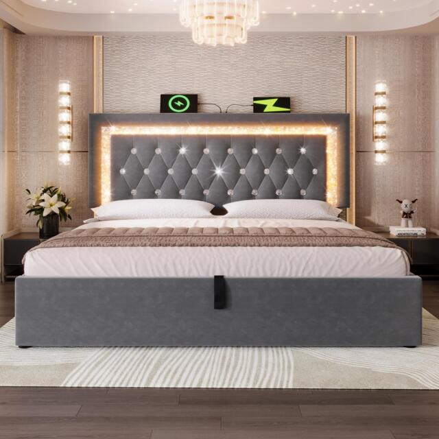 Upholstered Bed with Built-In USB Ports and Type-C Charging, Hydraulic Storage Bed with Adjustable Headboard, 214L x 160W x 108H cm, Grey - Aosom UK - image 1