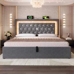 Upholstered Bed with Built-In USB Ports and Type-C Charging, Hydraulic Storage Bed with Adjustable Headboard, 214L x 160W x 108H cm, Grey - Aosom UK - thumbnail 1