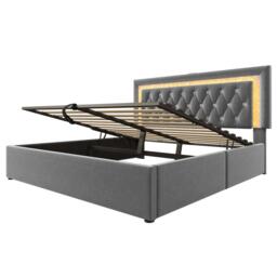 Upholstered Bed with Built-In USB Ports and Type-C Charging, Hydraulic Storage Bed with Adjustable Headboard, 214L x 160W x 108H cm, Grey - Aosom UK - thumbnail 2