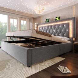 Upholstered Bed with Built-In USB Ports and Type-C Charging, Hydraulic Storage Bed with Adjustable Headboard, 214L x 160W x 108H cm, Grey - Aosom UK - thumbnail 8
