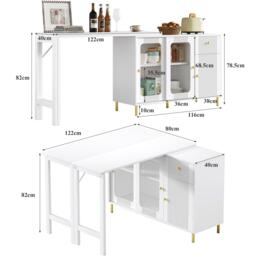 Multifunctional Bar Cabinet with Rotating Extendable Tabletop, Space-Saving Sideboard with Sliding Doors, 122L x 40W x 82H cm, White - Aosom UK - thumbnail 3