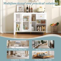 Multifunctional Bar Cabinet with Rotating Extendable Tabletop, Space-Saving Sideboard with Sliding Doors, 122L x 40W x 82H cm, White - Aosom UK - thumbnail 4