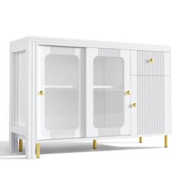 Multifunctional Bar Cabinet with Rotating Extendable Tabletop, Space-Saving Sideboard with Sliding Doors, 122L x 40W x 82H cm, White - Aosom UK - thumbnail 2