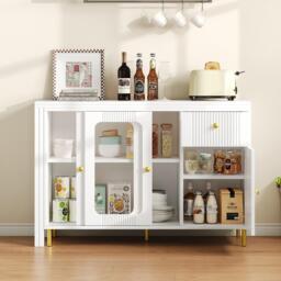 Multifunctional Bar Cabinet with Rotating Extendable Tabletop, Space-Saving Sideboard with Sliding Doors, 122L x 40W x 82H cm, White - Aosom UK