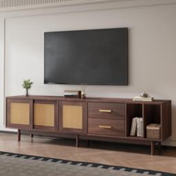 Stylish TV Stand Cabinet with Rattan Sliding Doors & 2 Drawers, Sturdy Media Console with Ample Storage, 190L x 40W x 52H cm, Wood - Aosom UK - thumbnail 1