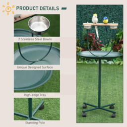 PawHut Bird Perch Stand with Perch, Four Wheels, Feeding Bowls for Small & Medium Birds, Green - thumbnail 5