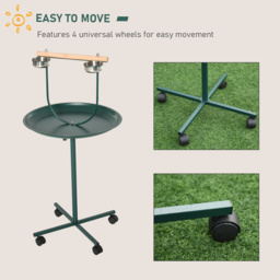 PawHut Bird Perch Stand with Perch, Four Wheels, Feeding Bowls for Small & Medium Birds, Green - thumbnail 6