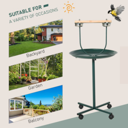 PawHut Bird Perch Stand with Perch, Four Wheels, Feeding Bowls for Small & Medium Birds, Green - thumbnail 4