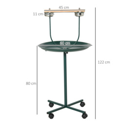 PawHut Bird Perch Stand with Perch, Four Wheels, Feeding Bowls for Small & Medium Birds, Green - thumbnail 3