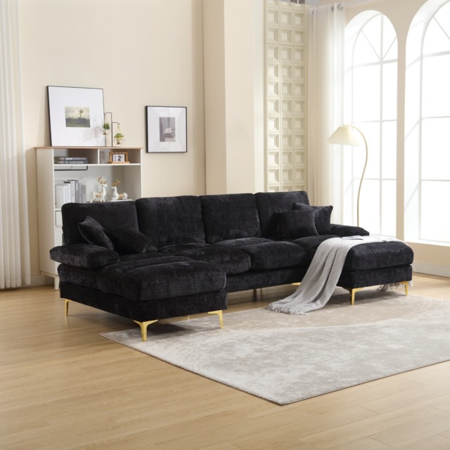 Elegant U-Shaped Modular Sofa with Pillows, Double Chaise, Rubber Pads, Sectional Couch for Social Gatherings, 272L x 136W x 88H cm, Black - Aosom UK - image 1