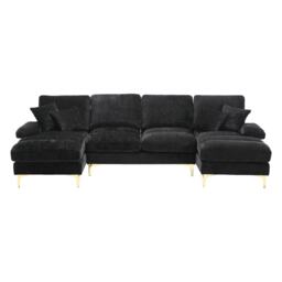 Elegant U-Shaped Modular Sofa with Pillows, Double Chaise, Rubber Pads, Sectional Couch for Social Gatherings, 272L x 136W x 88H cm, Black - Aosom UK - thumbnail 2