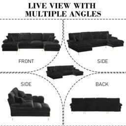 Elegant U-Shaped Modular Sofa with Pillows, Double Chaise, Rubber Pads, Sectional Couch for Social Gatherings, 272L x 136W x 88H cm, Black - Aosom UK - thumbnail 7