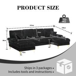 Elegant U-Shaped Modular Sofa with Pillows, Double Chaise, Rubber Pads, Sectional Couch for Social Gatherings, 272L x 136W x 88H cm, Black - Aosom UK - thumbnail 3