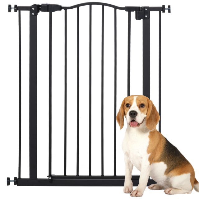 PawHut 74-84cm Adjustable Metal Pet Gate Safety Barrier w/ Auto-Close Door Double Locking Easy-Open Doors Stairs Home Frames Black - Aosom UK - image 1