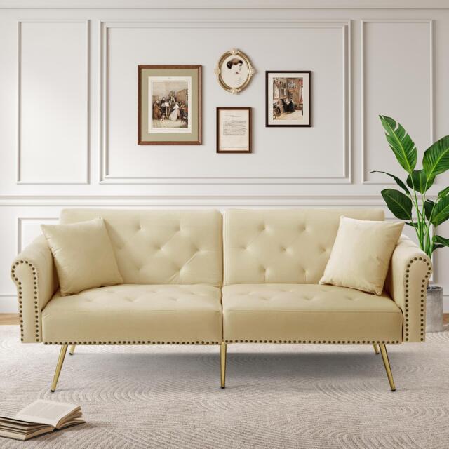 2-Seater Modern Sofa Bed with Velvet Upholstery and Adjustable Backrests, Daybed Perfect for Living Room, 177L x 74W x 71H cm, Beige - Aosom UK - image 1