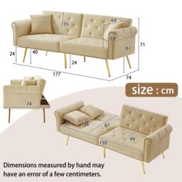 2-Seater Modern Sofa Bed with Velvet Upholstery and Adjustable Backrests, Daybed Perfect for Living Room, 177L x 74W x 71H cm, Beige - Aosom UK - thumbnail 3