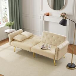 2-Seater Modern Sofa Bed with Velvet Upholstery and Adjustable Backrests, Daybed Perfect for Living Room, 177L x 74W x 71H cm, Beige - Aosom UK - thumbnail 9