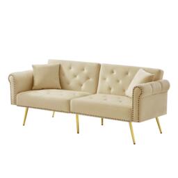 2-Seater Modern Sofa Bed with Velvet Upholstery and Adjustable Backrests, Daybed Perfect for Living Room, 177L x 74W x 71H cm, Beige - Aosom UK - thumbnail 2