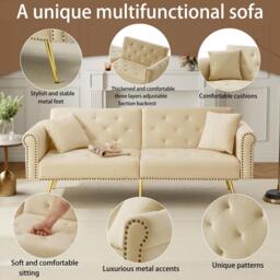2-Seater Modern Sofa Bed with Velvet Upholstery and Adjustable Backrests, Daybed Perfect for Living Room, 177L x 74W x 71H cm, Beige - Aosom UK - thumbnail 6