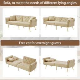 2-Seater Modern Sofa Bed with Velvet Upholstery and Adjustable Backrests, Daybed Perfect for Living Room, 177L x 74W x 71H cm, Beige - Aosom UK - thumbnail 4