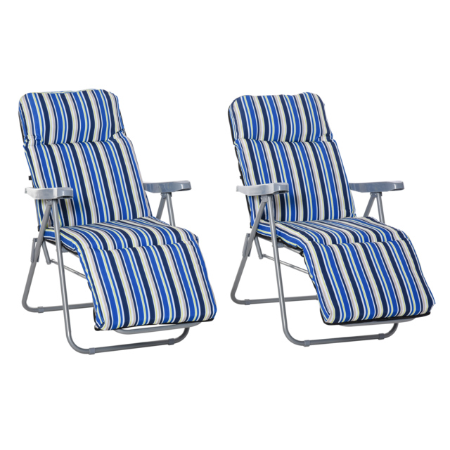 Outsunny Set of 2 Garden Sun Lounger Outdoor Reclining Seat Cushioned Seat Foldable Adjustable Recliner Blue and White - Aosom UK - image 1
