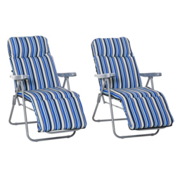 Outsunny Set of 2 Garden Sun Lounger Outdoor Reclining Seat Cushioned Seat Foldable Adjustable Recliner Blue and White - Aosom UK - thumbnail 1