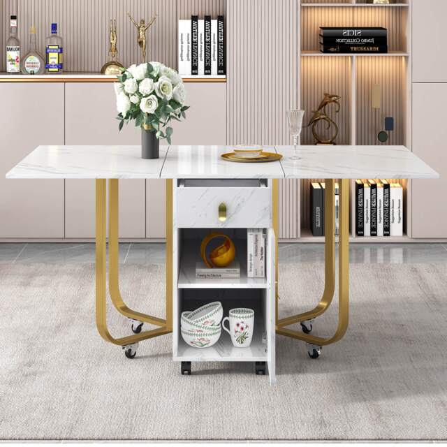 Folding Extendable Dining Table with Cupboard and 2 Drawers, Space-Saving Utility Table with Castors and Adjustable Legs, White/Gold - Aosom UK - image 1