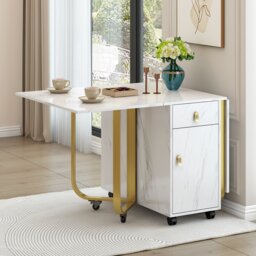 Folding Extendable Dining Table with Cupboard and 2 Drawers, Space-Saving Utility Table with Castors and Adjustable Legs, White/Gold - Aosom UK - thumbnail 7