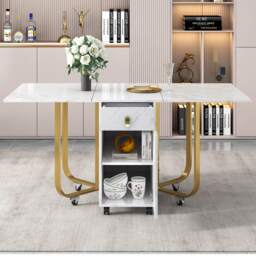 Folding Extendable Dining Table with Cupboard and 2 Drawers, Space-Saving Utility Table with Castors and Adjustable Legs, White/Gold - Aosom UK - thumbnail 1