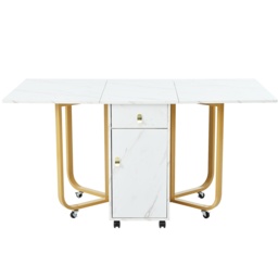 Folding Extendable Dining Table with Cupboard and 2 Drawers, Space-Saving Utility Table with Castors and Adjustable Legs, White/Gold - Aosom UK - thumbnail 2