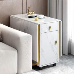Folding Extendable Dining Table with Cupboard and 2 Drawers, Space-Saving Utility Table with Castors and Adjustable Legs, White/Gold - Aosom UK - thumbnail 9