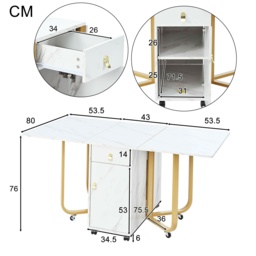 Folding Extendable Dining Table with Cupboard and 2 Drawers, Space-Saving Utility Table with Castors and Adjustable Legs, White/Gold - Aosom UK - thumbnail 3