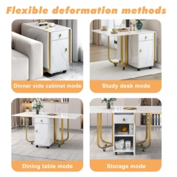 Folding Extendable Dining Table with Cupboard and 2 Drawers, Space-Saving Utility Table with Castors and Adjustable Legs, White/Gold - Aosom UK - thumbnail 4