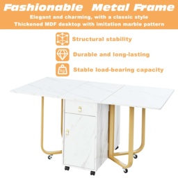 Folding Extendable Dining Table with Cupboard and 2 Drawers, Space-Saving Utility Table with Castors and Adjustable Legs, White/Gold - Aosom UK - thumbnail 5