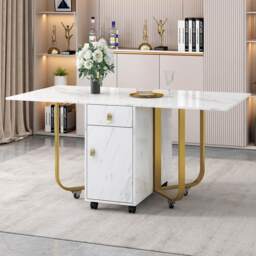 Folding Extendable Dining Table with Cupboard and 2 Drawers, Space-Saving Utility Table with Castors and Adjustable Legs, White/Gold - Aosom UK - thumbnail 8