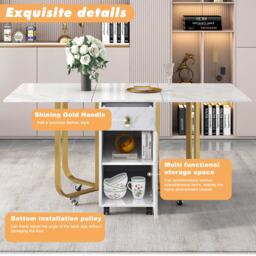 Folding Extendable Dining Table with Cupboard and 2 Drawers, Space-Saving Utility Table with Castors and Adjustable Legs, White/Gold - Aosom UK - thumbnail 6