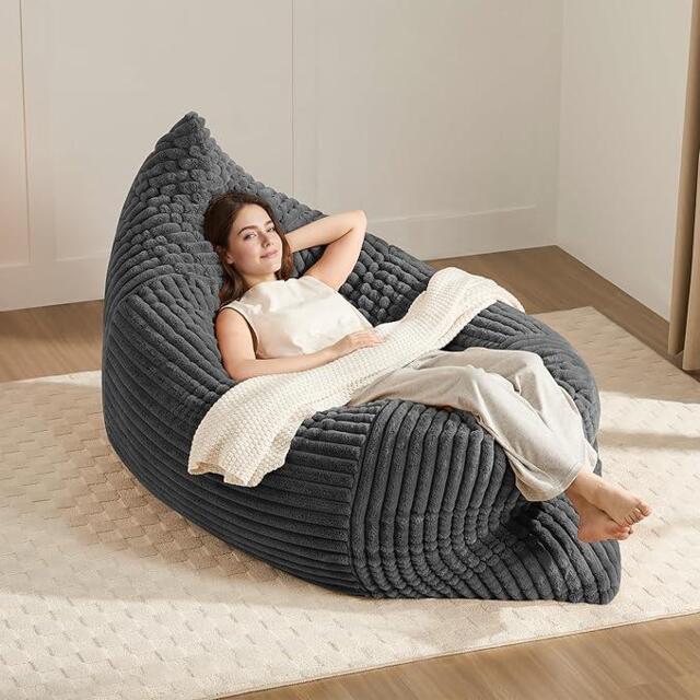 3-In-1 Convertible Bean Bag Chair with Soft Ribbed Corduroy Fabric, Memory Foam Lounger with Removable Cover, 185L x 132W cm, Dark Gray - Aosom UK - image 1