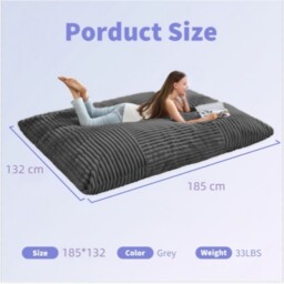 3-In-1 Convertible Bean Bag Chair with Soft Ribbed Corduroy Fabric, Memory Foam Lounger with Removable Cover, 185L x 132W cm, Dark Gray - Aosom UK - thumbnail 3