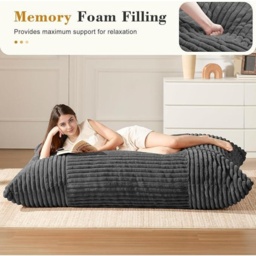 3-In-1 Convertible Bean Bag Chair with Soft Ribbed Corduroy Fabric, Memory Foam Lounger with Removable Cover, 185L x 132W cm, Dark Gray - Aosom UK - thumbnail 4