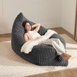 3-In-1 Convertible Bean Bag Chair with Soft Ribbed Corduroy Fabric, Memory Foam Lounger with Removable Cover, 185L x 132W cm, Dark Gray - Aosom UK - thumbnail 1