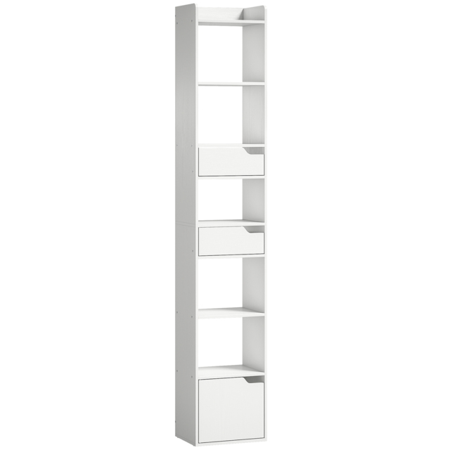 HOMCOM Bookcase Tall Narrow with 5 Tiers and Drawers Freestanding Bookshelf Storage Cabinet for Living Room White Wood Effect - image 1
