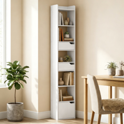 HOMCOM Bookcase Tall Narrow with 5 Tiers and Drawers Freestanding Bookshelf Storage Cabinet for Living Room White Wood Effect - thumbnail 2