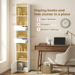 HOMCOM Bookcase Tall Narrow with 5 Tiers and Drawers Freestanding Bookshelf Storage Cabinet for Living Room White Wood Effect - thumbnail 5